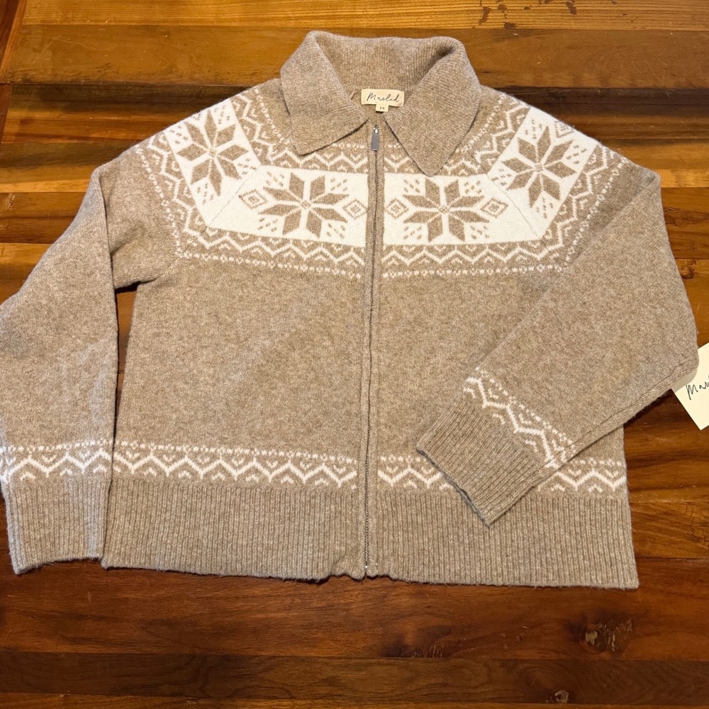 Marled Womens Fair Isle Zip Up Sweater Oatmeal Heather Snowflake M Nordic Ski